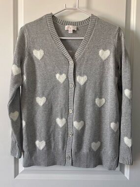 Belle Kim Gravel Gray Cardigan with White Heart Motif